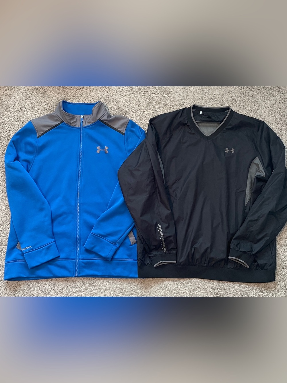 2 Under Armour Mens XL Jackets Blue Storm Fleece Full Zip & Black Windbreeaker